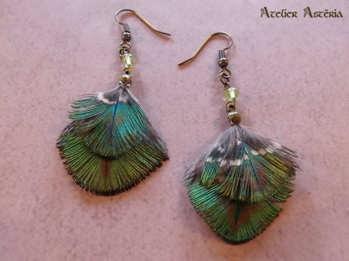 Argos : collier-boucles d’oreille plume de paon péridot/peacock feather-peridot necklace - earrings