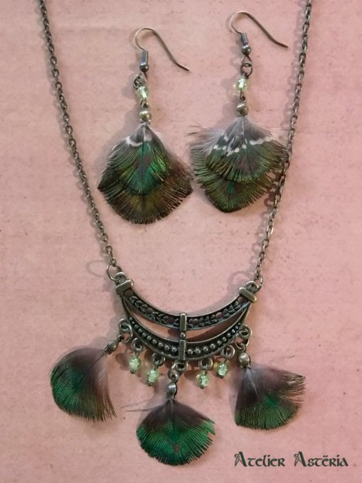 Argos : collier-boucles d’oreille plume de paon péridot/peacock feather-peridot necklace - earrings