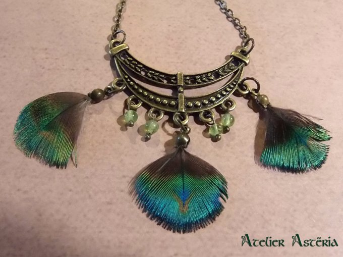 Argos : collier-boucles d’oreille plume de paon péridot/peacock feather-peridot necklace - earrings