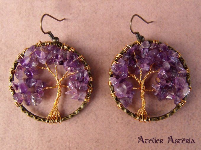 Dryade : boucles d’oreille arbre en gemmes / gemstones tree earrings